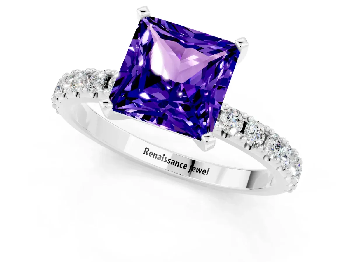 Princess Cut Tanzanite Solitaire Pavé Band with Four-Prong Setting Silver