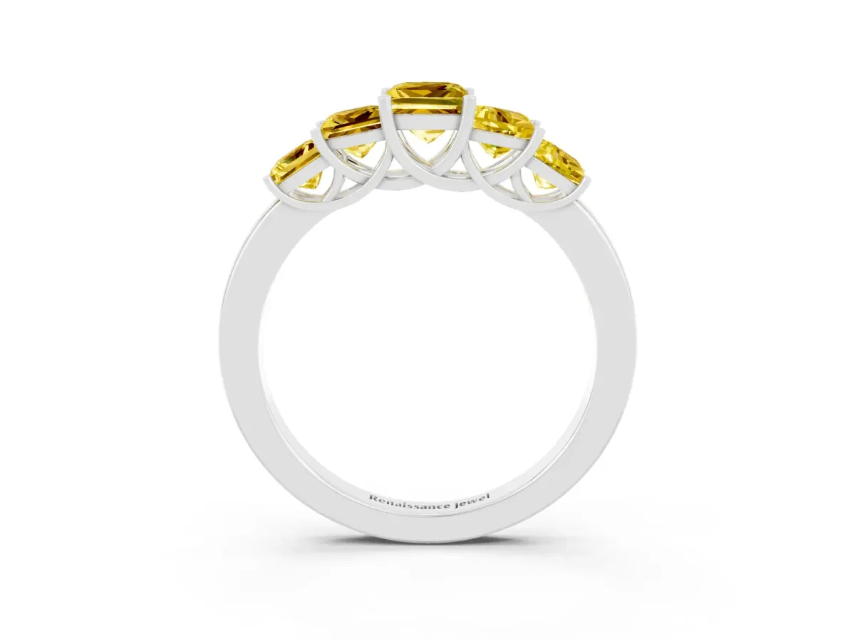 Princess Cut Five-Stone Yellow Sapphire Ring with Classic Prong Setting White gold