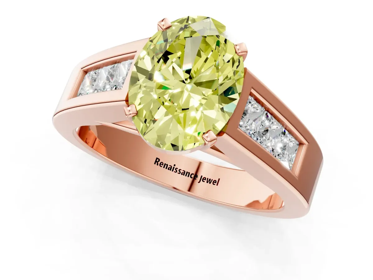 Fancy Yellow Oval Cut Cut Channel Set Solitaire Ring with Four-Prong Setting Rose gold