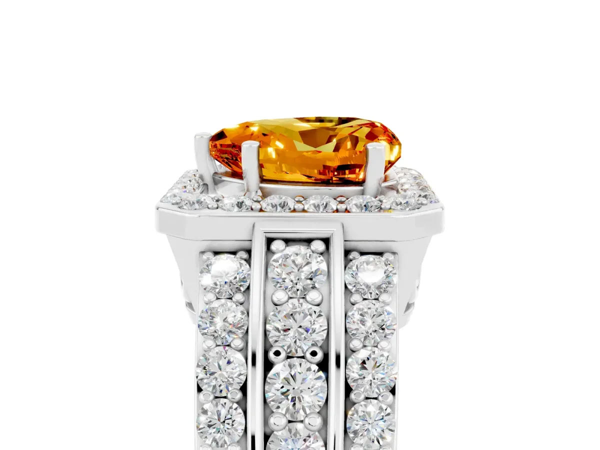 Heart Cut Halo Citrine Ring with Round Split Shank and Prong Setting Platinum