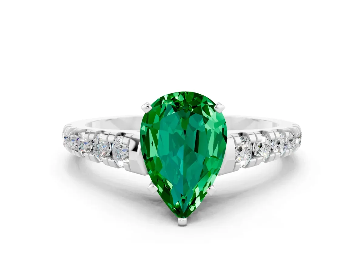 Pear Cut Emerald Cathedral Solitaire Ring with Round Pavé Band Silver