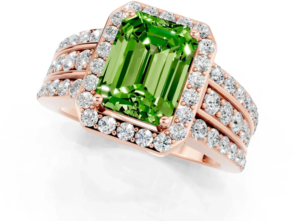 Emerald Cut Halo Peridot Ring with Round Split Shank and Prong Setting Rose gold