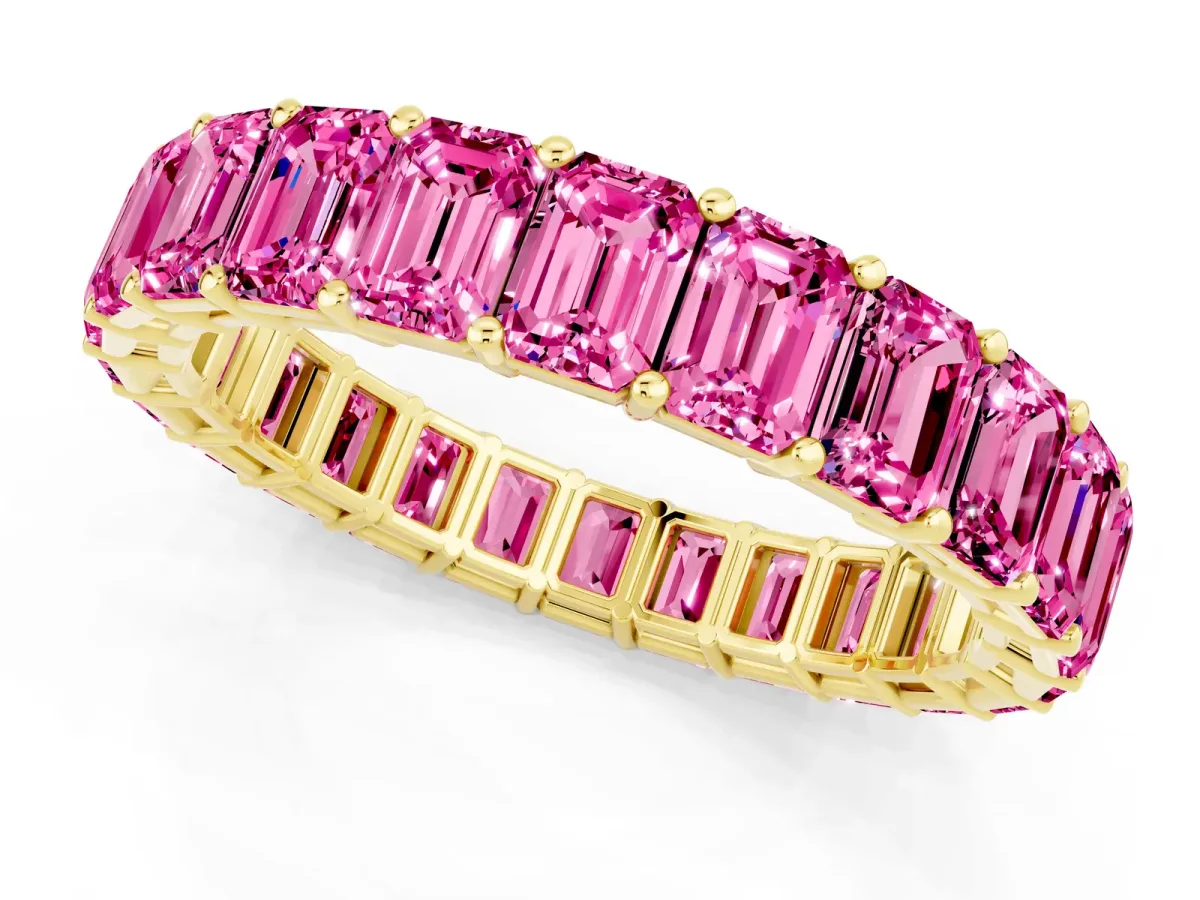 Emerald Cut Pink Sapphire Eternity Band with Shared Prong Setting Yellow gold