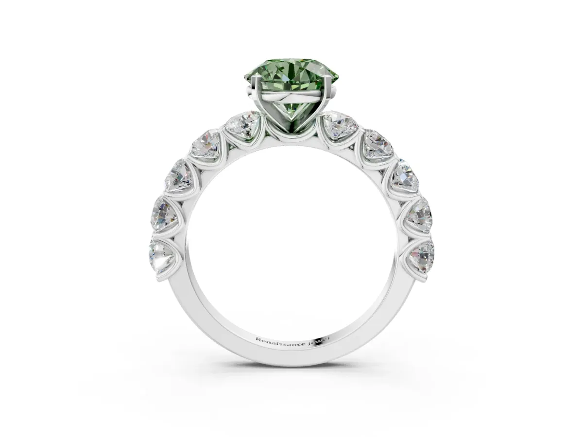 Fancy Green Round Cut Diamond Prong Setting with Side Stones on a Pave Band Silver