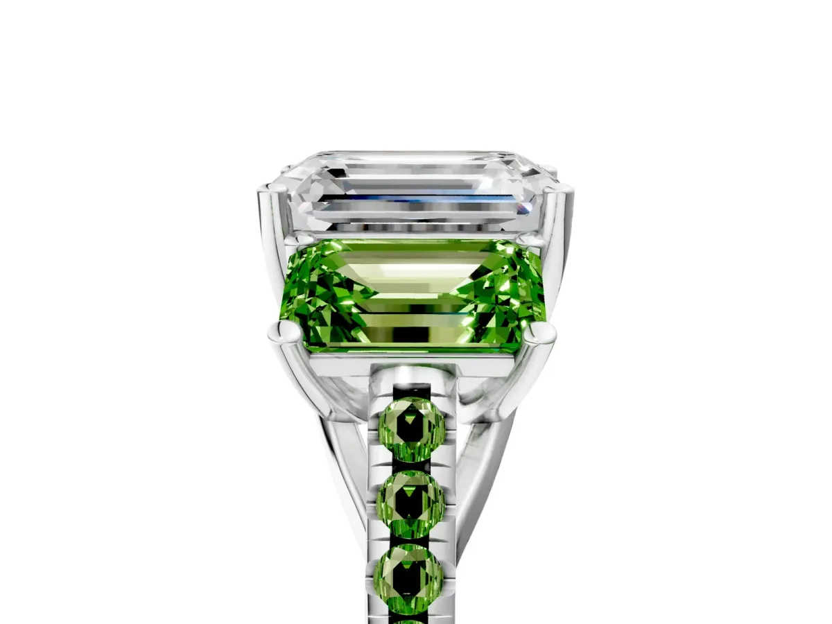 Three-Stone Emerald Cut Diamond Ring with Round Peridot Pavé Band and Prong Setting Platinum