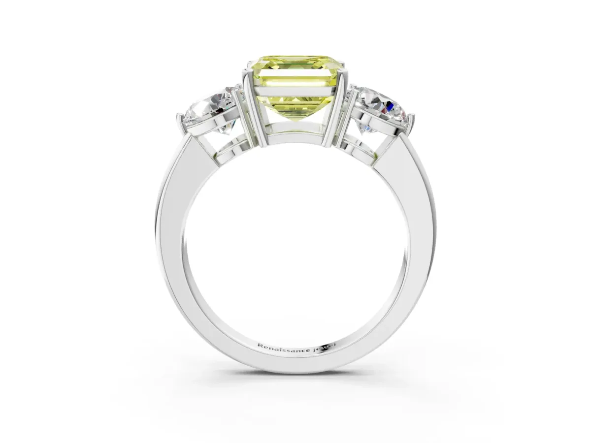 Fancy Yellow Asscher Cut Diamond Three-Stone Ring with Prong Setting and Classic Band Platinum