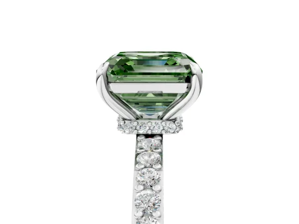 Fancy Green Asscher Cut Diamond Solitaire Engagement Ring with Pavé Band and Four-Prong Setting Platinum