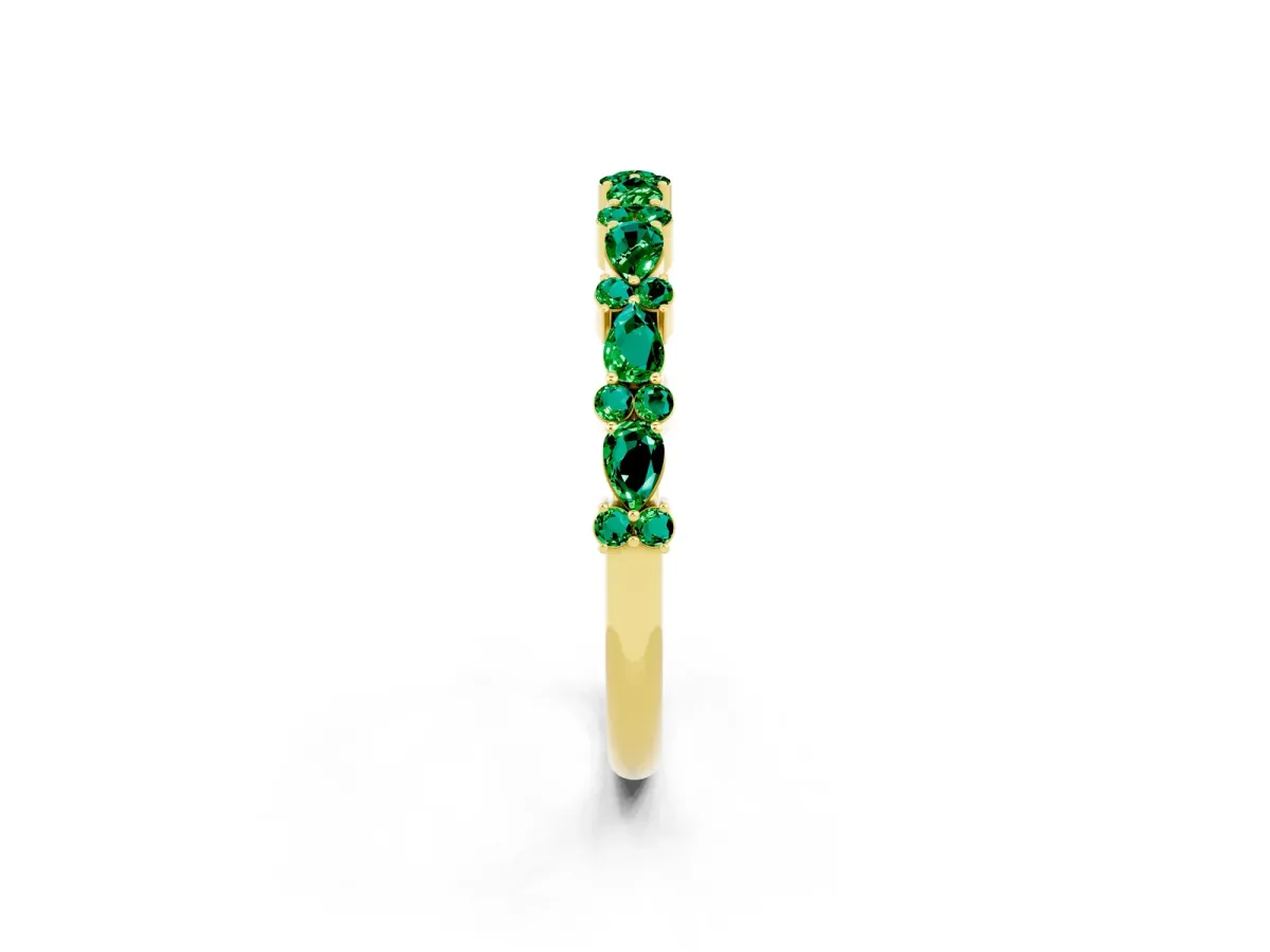 Pear and Round Emerald Wedding Band Yellow gold