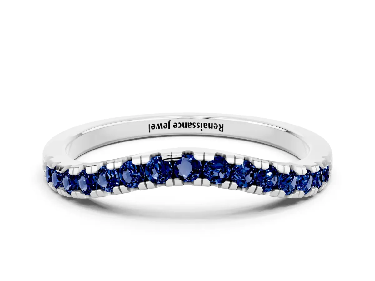 Blue Sapphire Pavé Curved Wedding Band Silver