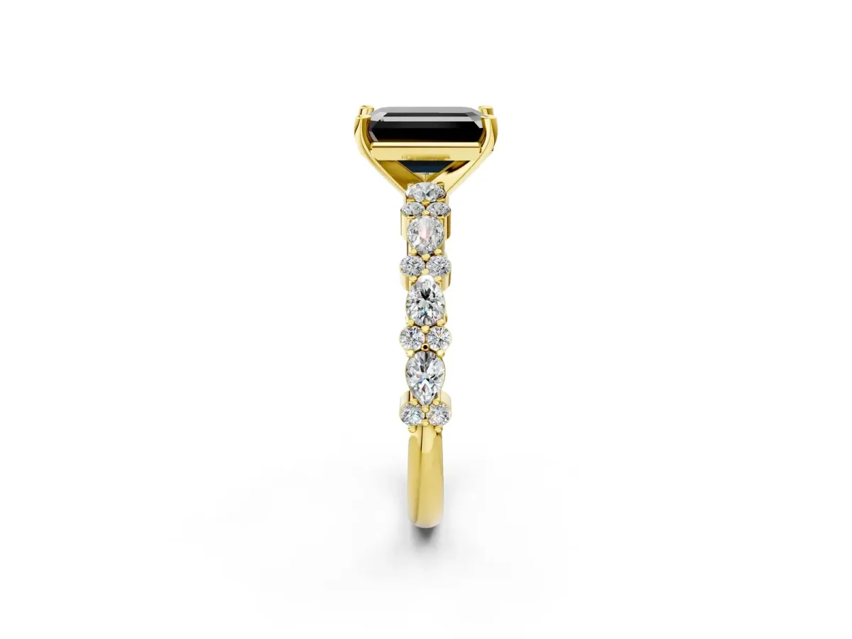 Fancy Black Emerald Cut Diamond Side Stone Solitaire Ring with Round and Four-Prong Setting Yellow gold