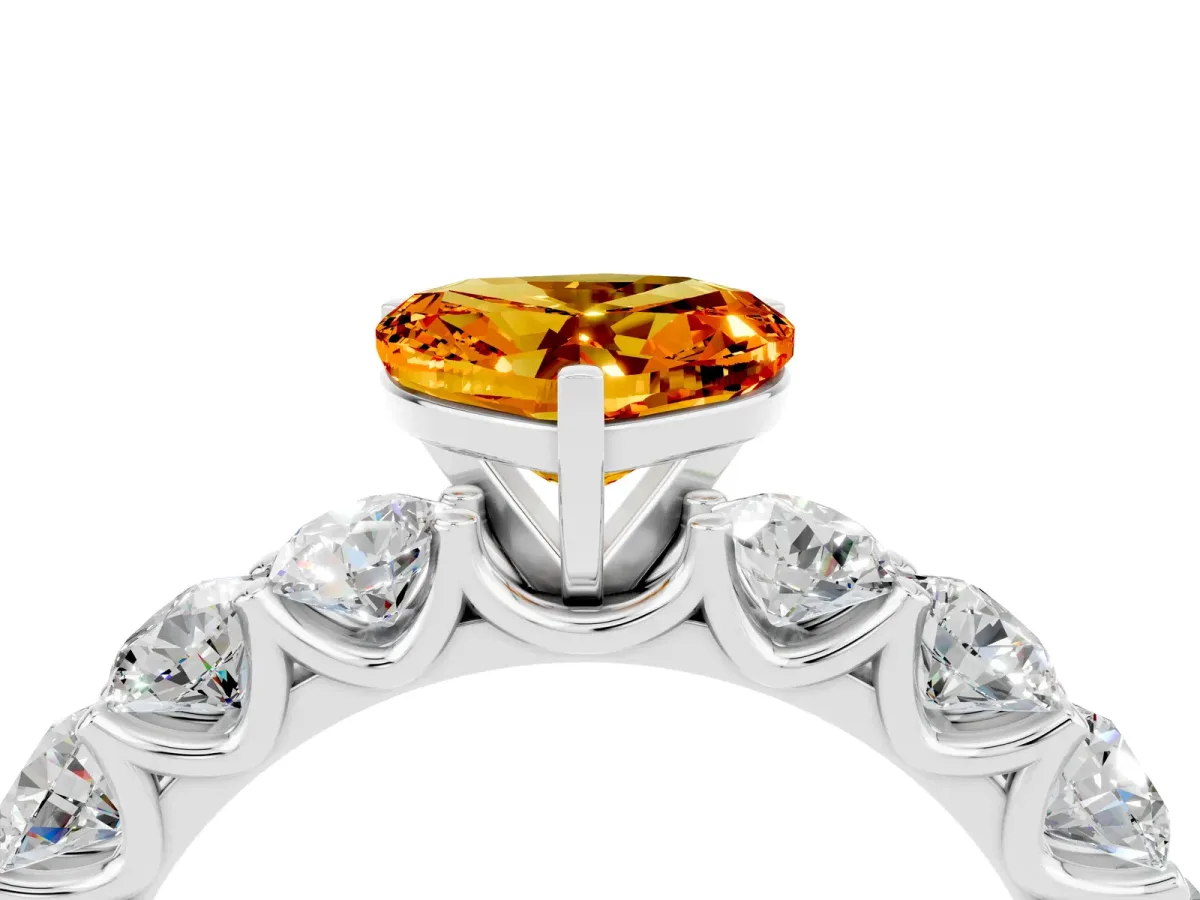 Heart Cut Citrine Prong Setting with Side Stones on a Pave Band Silver