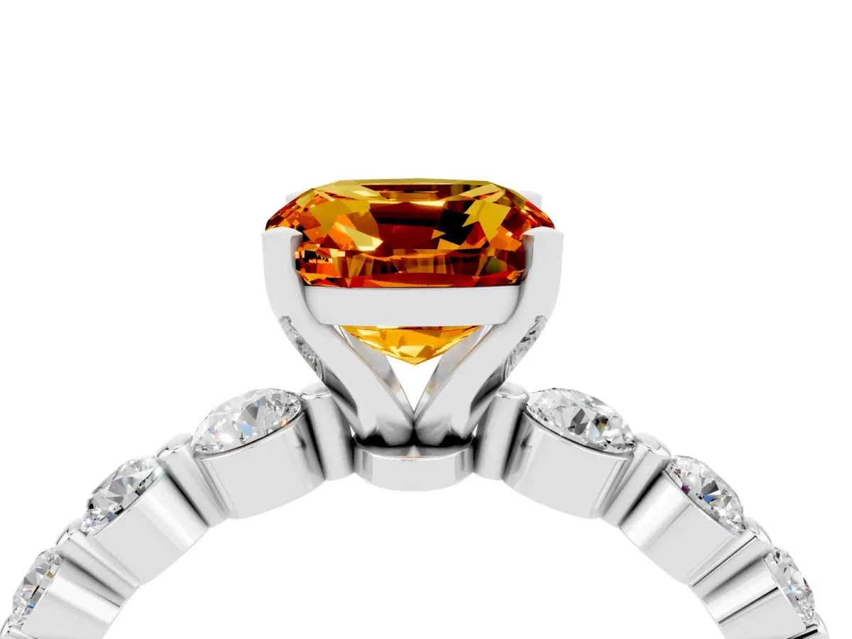 Cushion Cut Solitaire Citrine Ring with Pave Band and Four-Prong Setting Platinum