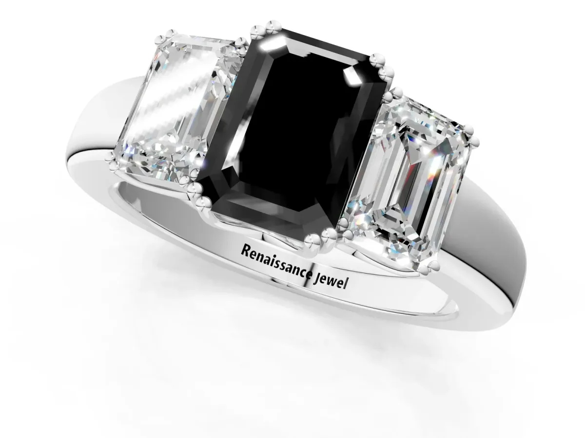 Fancy Black Three-Stone Emerald Cut Cut Diamond Ring with Channel Set Band and Four-Prong Setting Silver