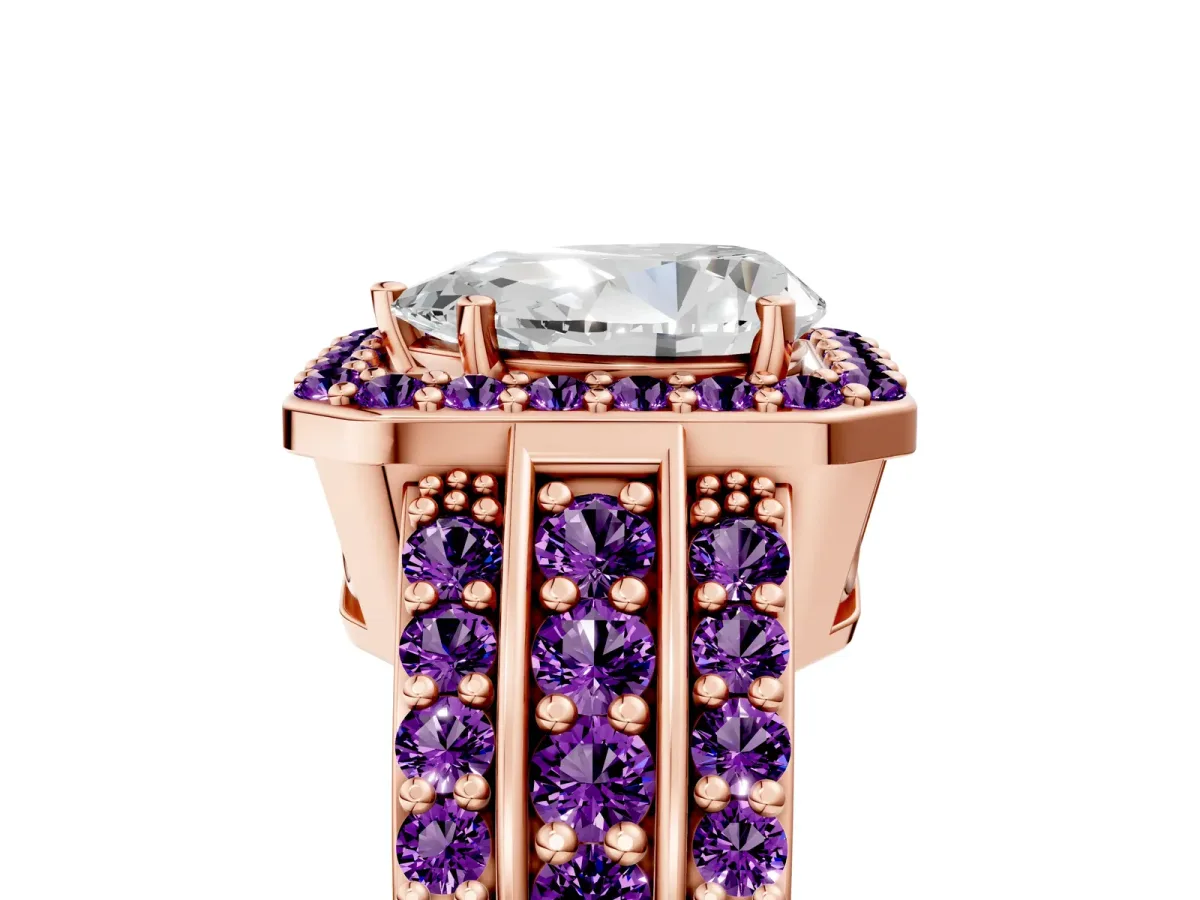 Pear Cut Halo Diamond Ring with Round Amethyst Split Shank and Prong Setting Rose gold