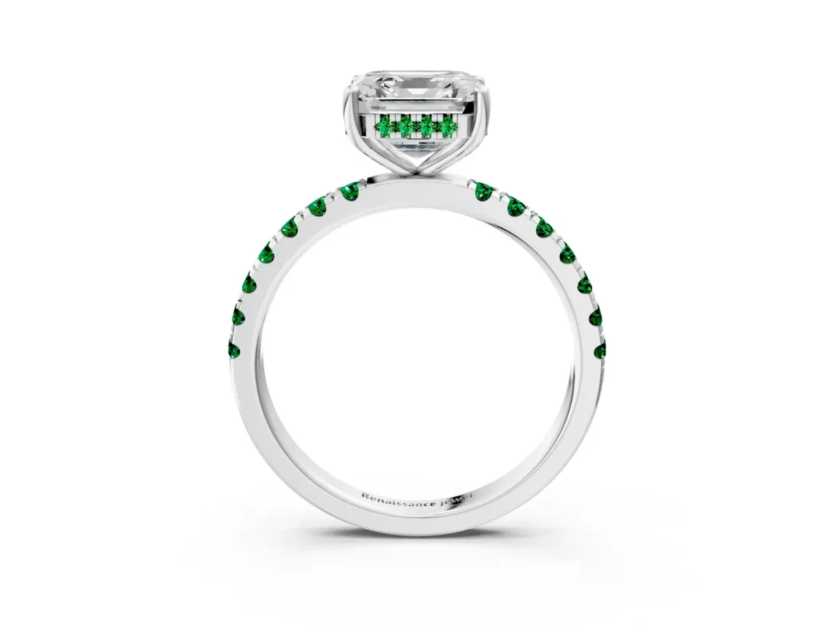 Asscher Cut Diamond Pave Band Solitaire Ring with Round Emerald and Prong Setting Platinum