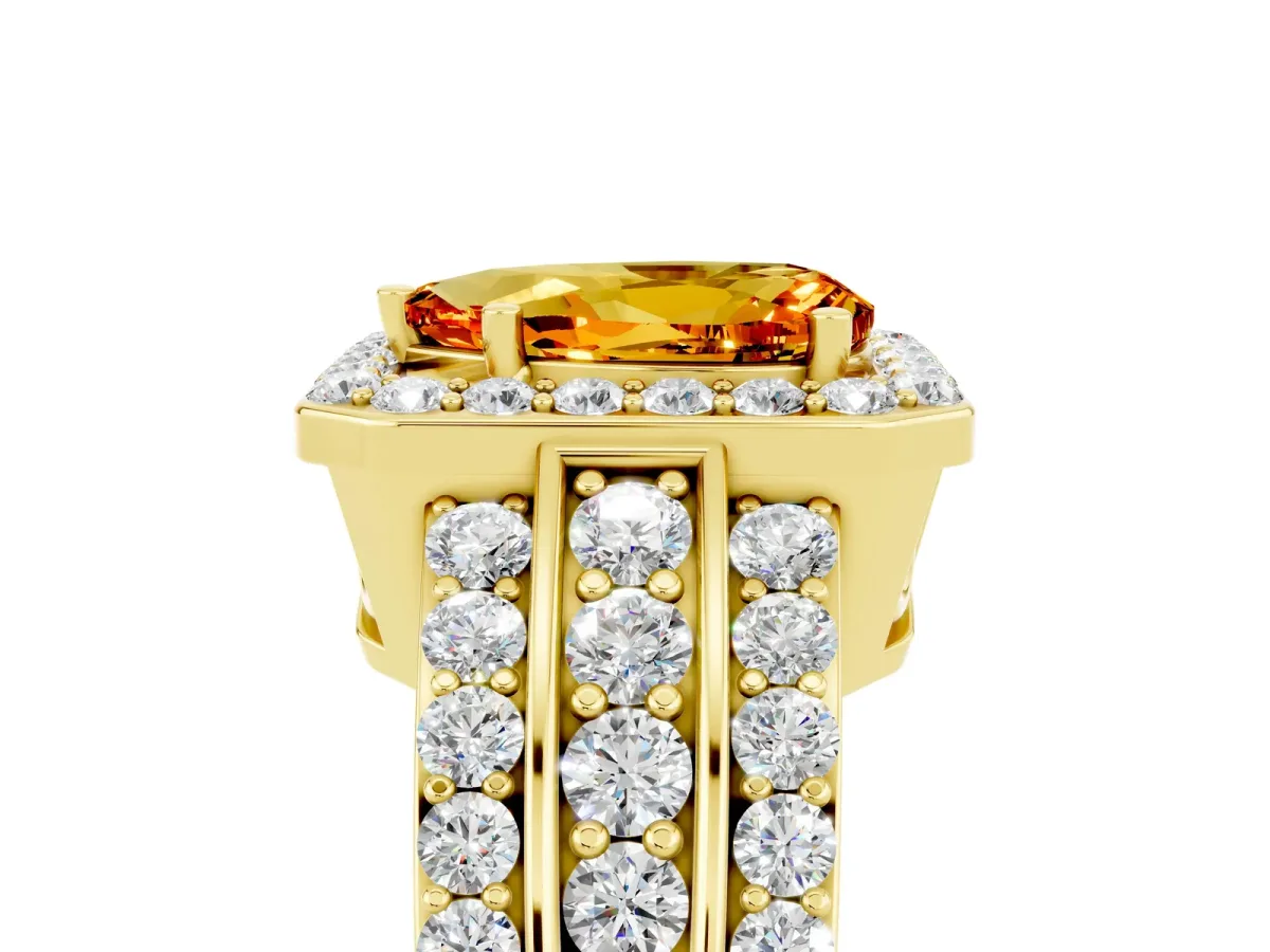 Pear Cut Halo Citrine Ring with Round Split Shank and Prong Setting Yellow gold