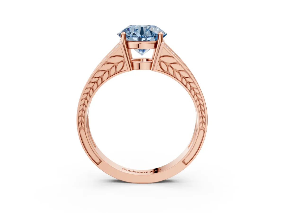 Fancy Blue Round Cut Diamond Split Shank Ring with Pavé Band and Four-Prong Setting Rose gold