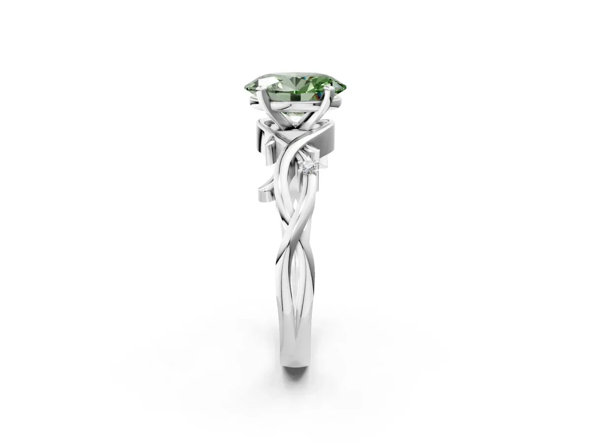 Fancy Green Oval Cut Diamond Solitaire Ring with Twisted Band and Prong Setting Platinum