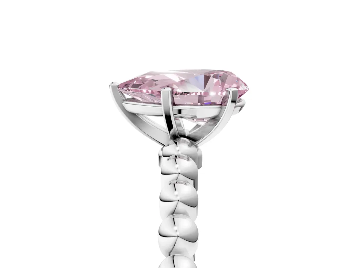 Fancy Pink Pear Cut Diamond Solitaire Ring with Beaded Band and Prong Setting Platinum