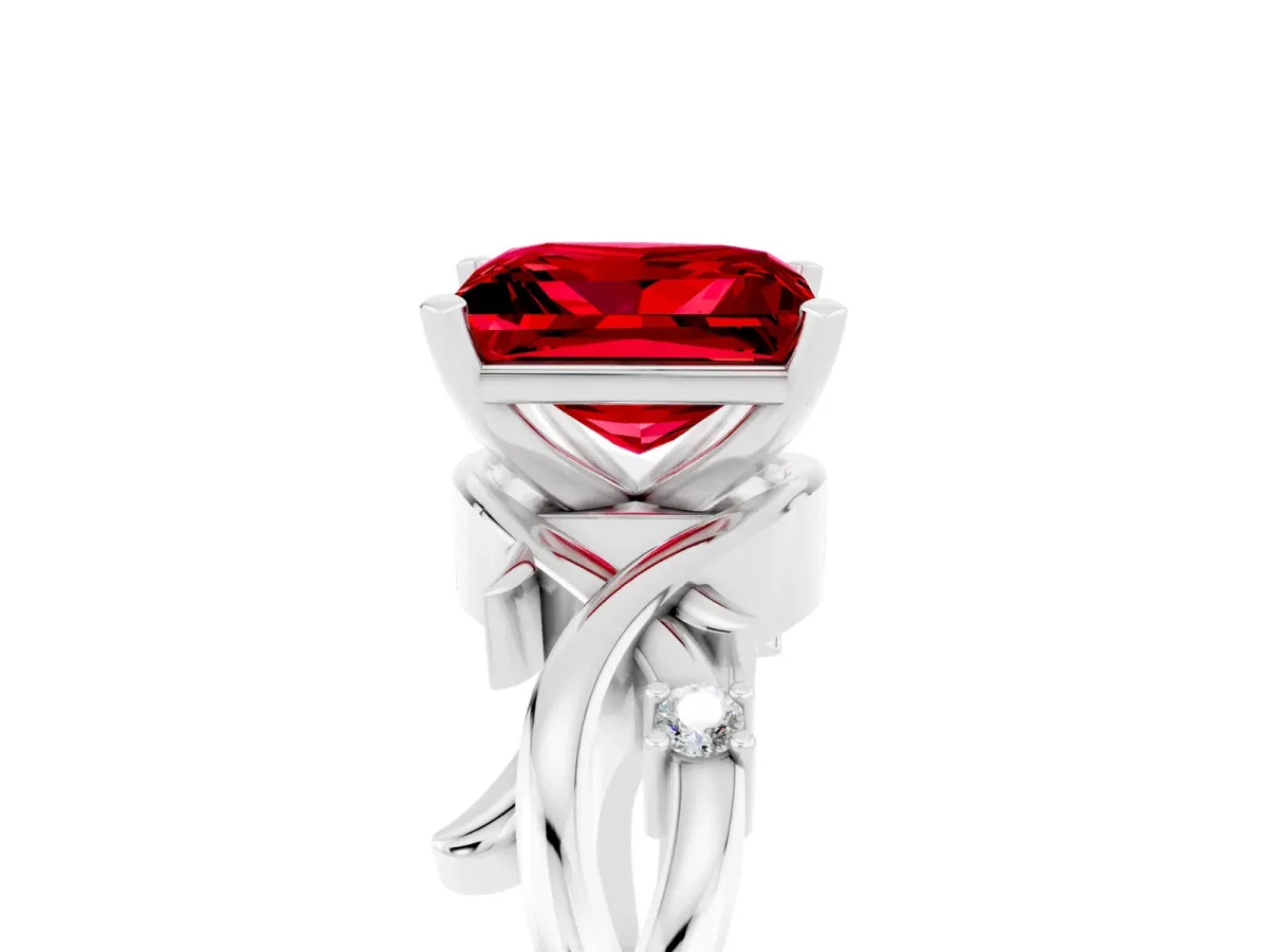 Princess Cut Ruby Solitaire Ring with Twisted Band and Prong Setting White gold