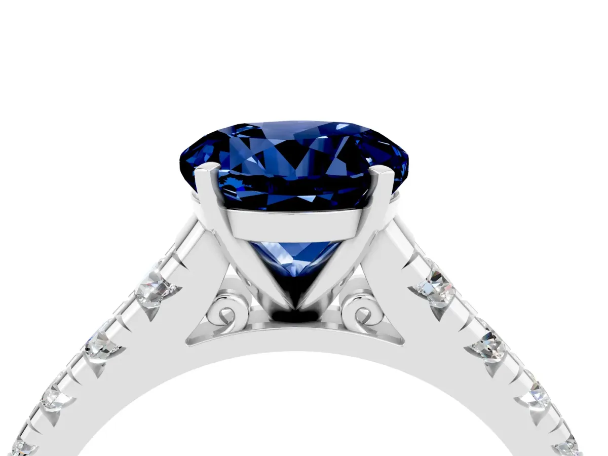 Round Cut Blue Sapphire Cathedral Solitaire Ring with Round Pavé Band Silver