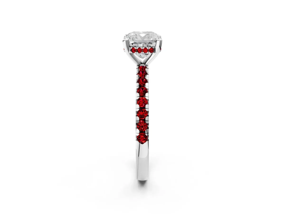 Cushion Cut Diamond Solitaire Ring with Round Ruby Pavé Band and Four-Prong Setting Silver