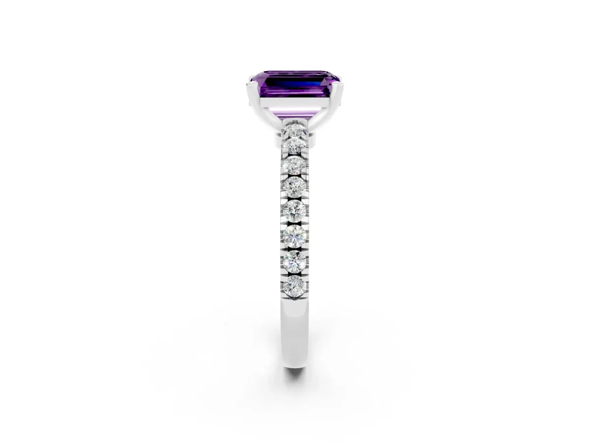 Emerald Cut Solitaire Amethyst with Pavé Band and Four-Prong Setting Platinum