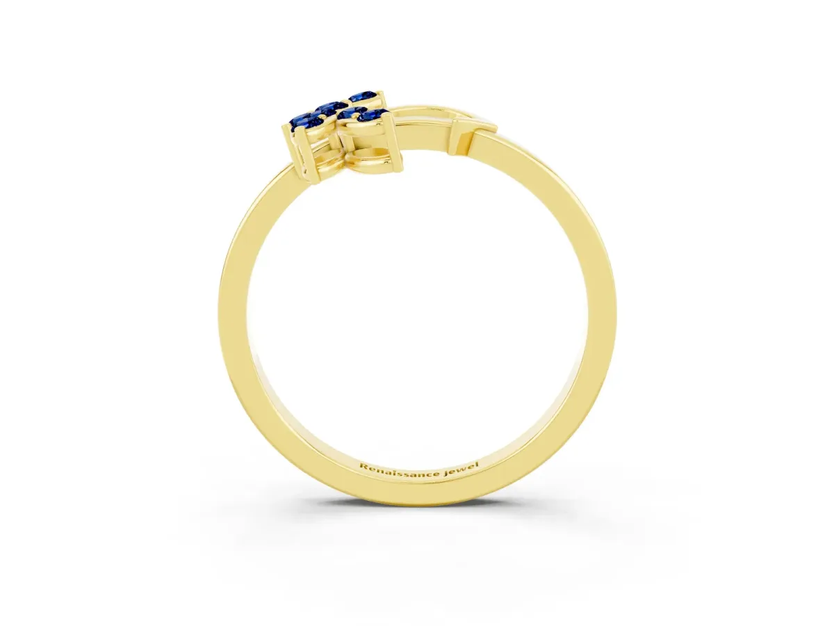 Marquise Blue Sapphire Cluster Bypass Ring with Prong Setting Yellow gold