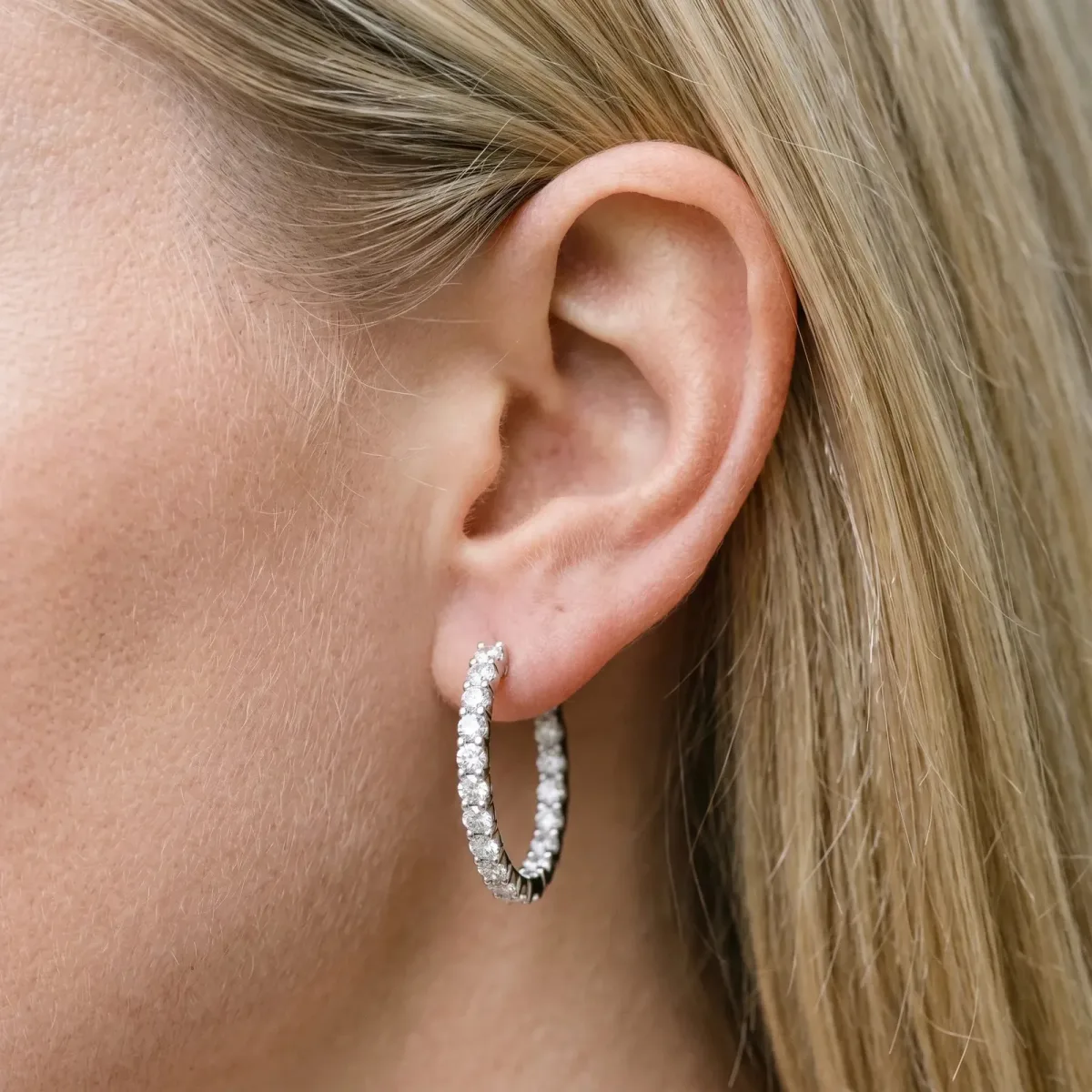Round Diamond Hoop Earrings with Prong Setting Silver