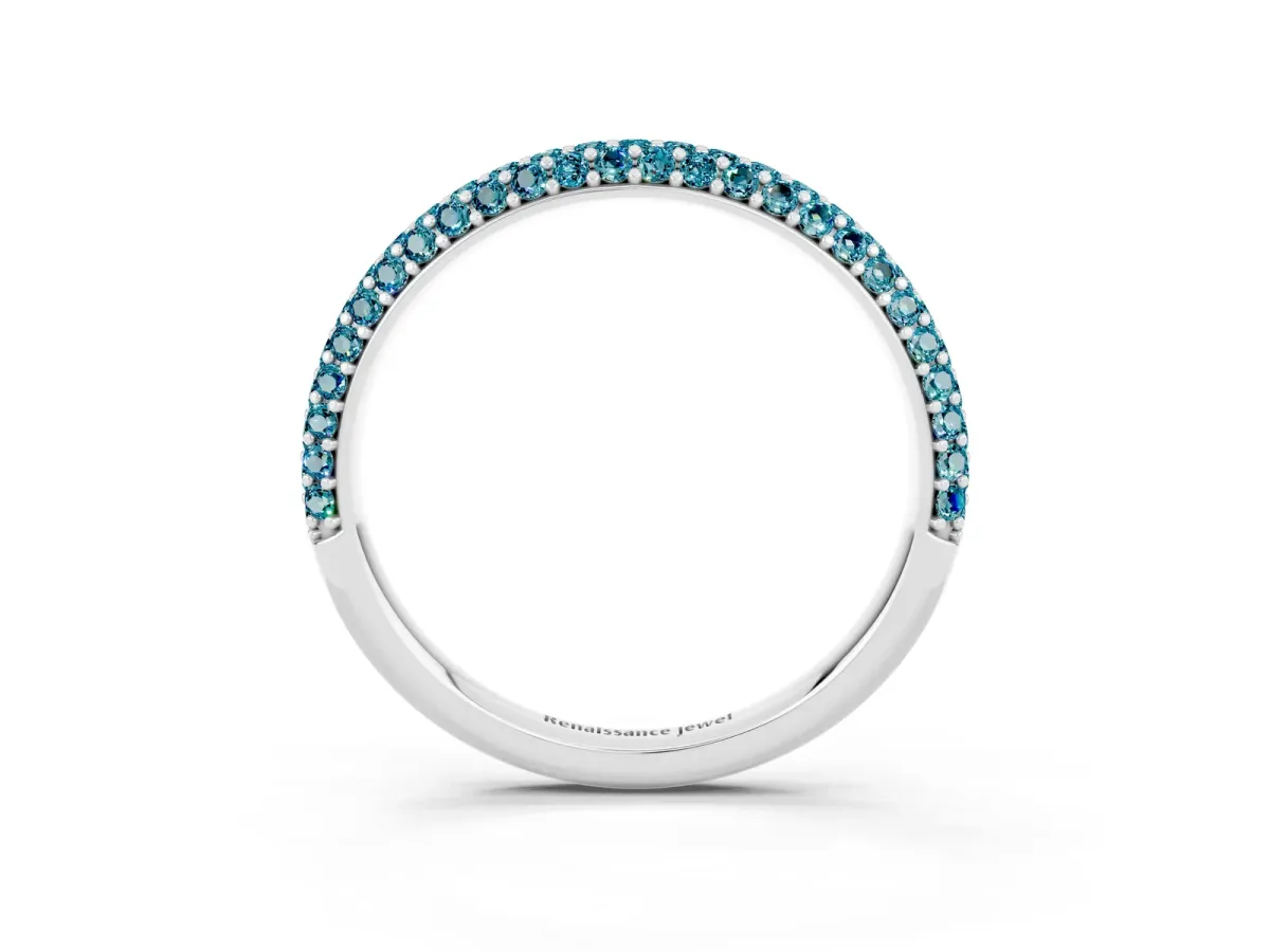 Round Blue Topaz Pavé Eternity Band with Shared Prong Setting Silver