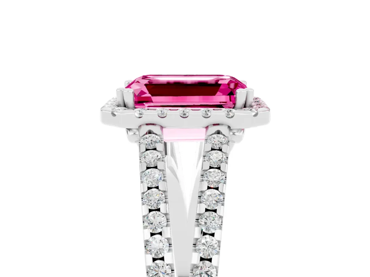 Emerald Cut Pink Sapphire Halo Split Shank Engagement Ring Platinum