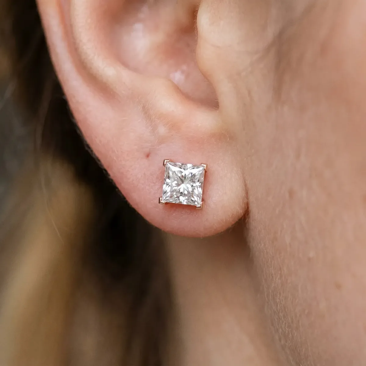 Princess Cut Diamond Stud Earrings Rose gold