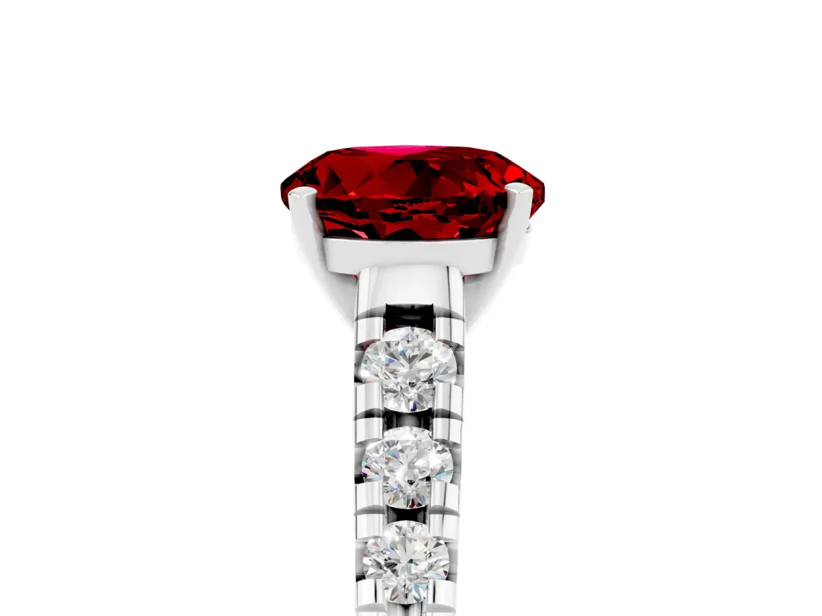 Round Cut Ruby Cathedral Solitaire Ring with Round Pavé Band Silver