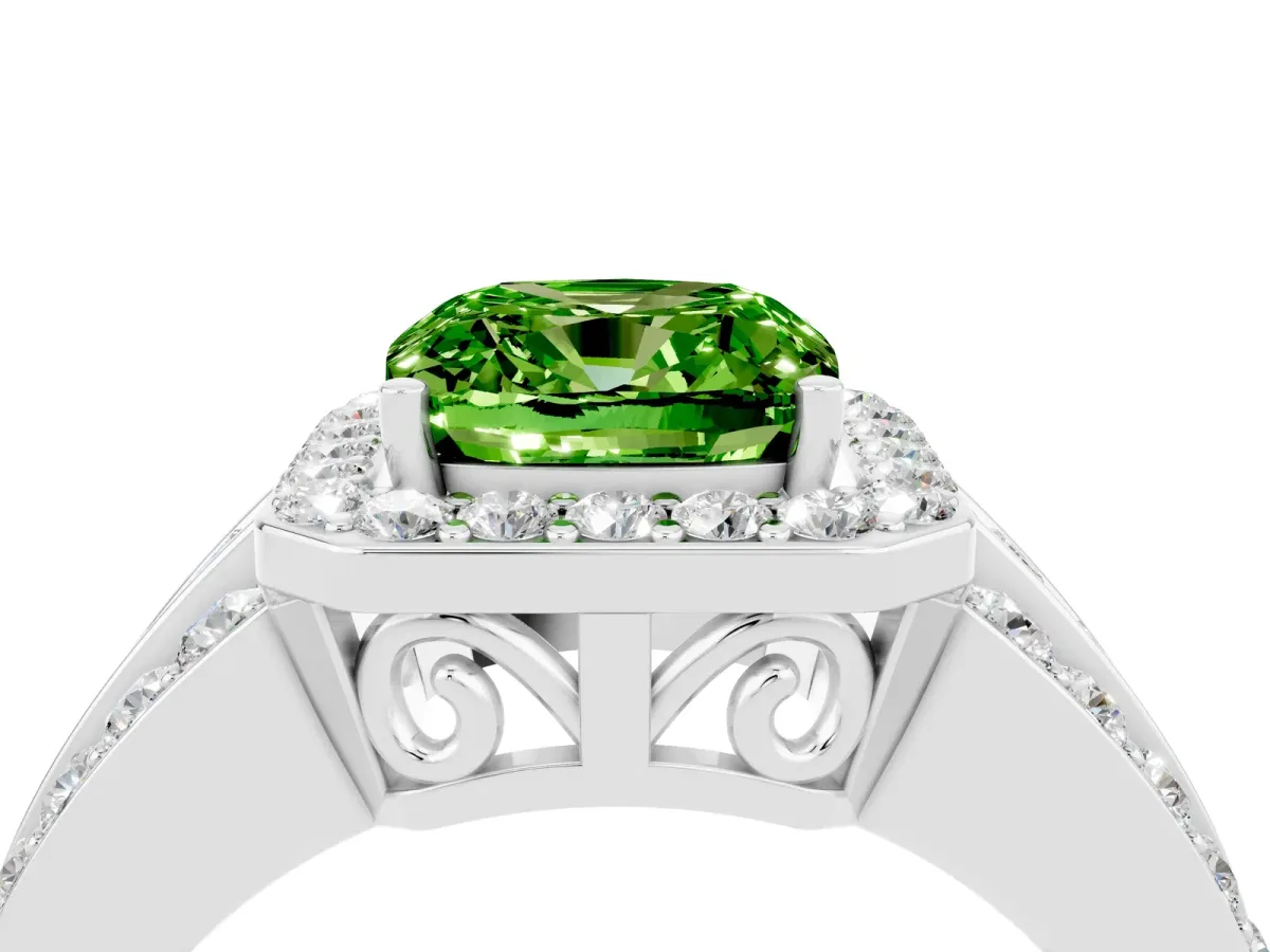 Cushion Cut Halo Peridot Ring with Round Split Shank and Prong Setting Platinum