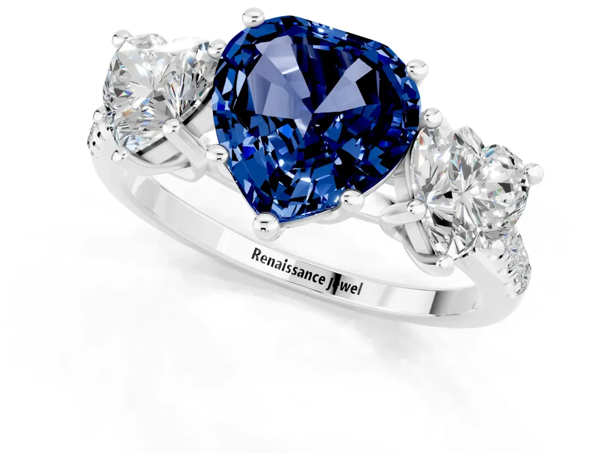 Three-Stone Heart Cut Blue Sapphire Ring with Round Pavé Band and Prong Setting Silver