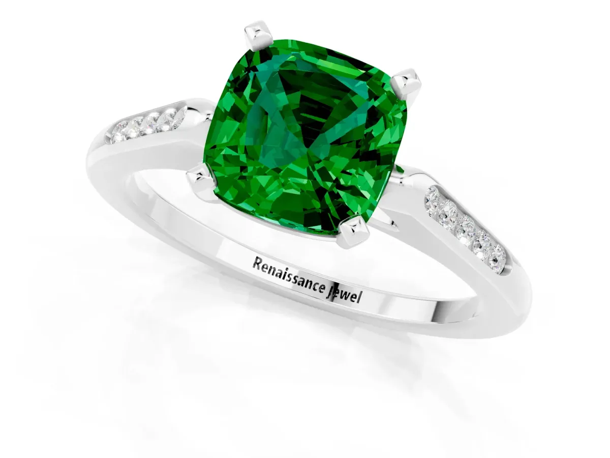 Cushion Cut Emerald Solitaire Ring with Channel Set Round Band and Prong Setting Silver
