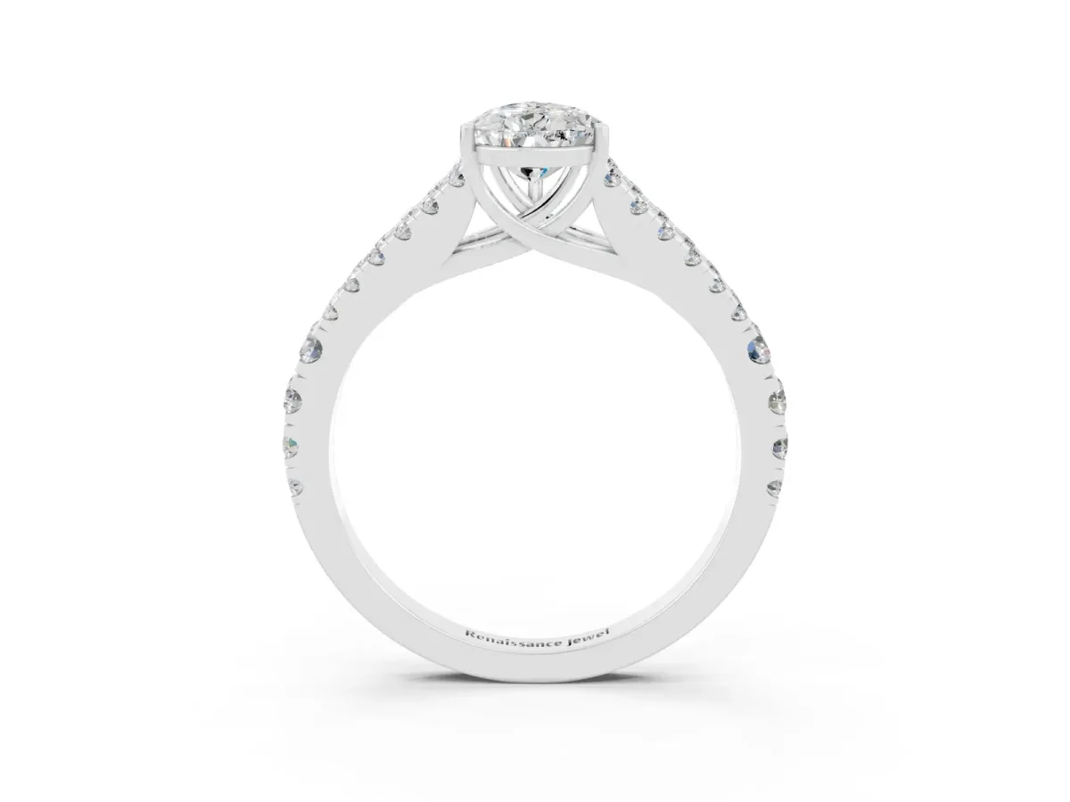 Pear Cut Moissanite Split Shank Engagement Ring with Round Pavé and Prong Setting Platinum