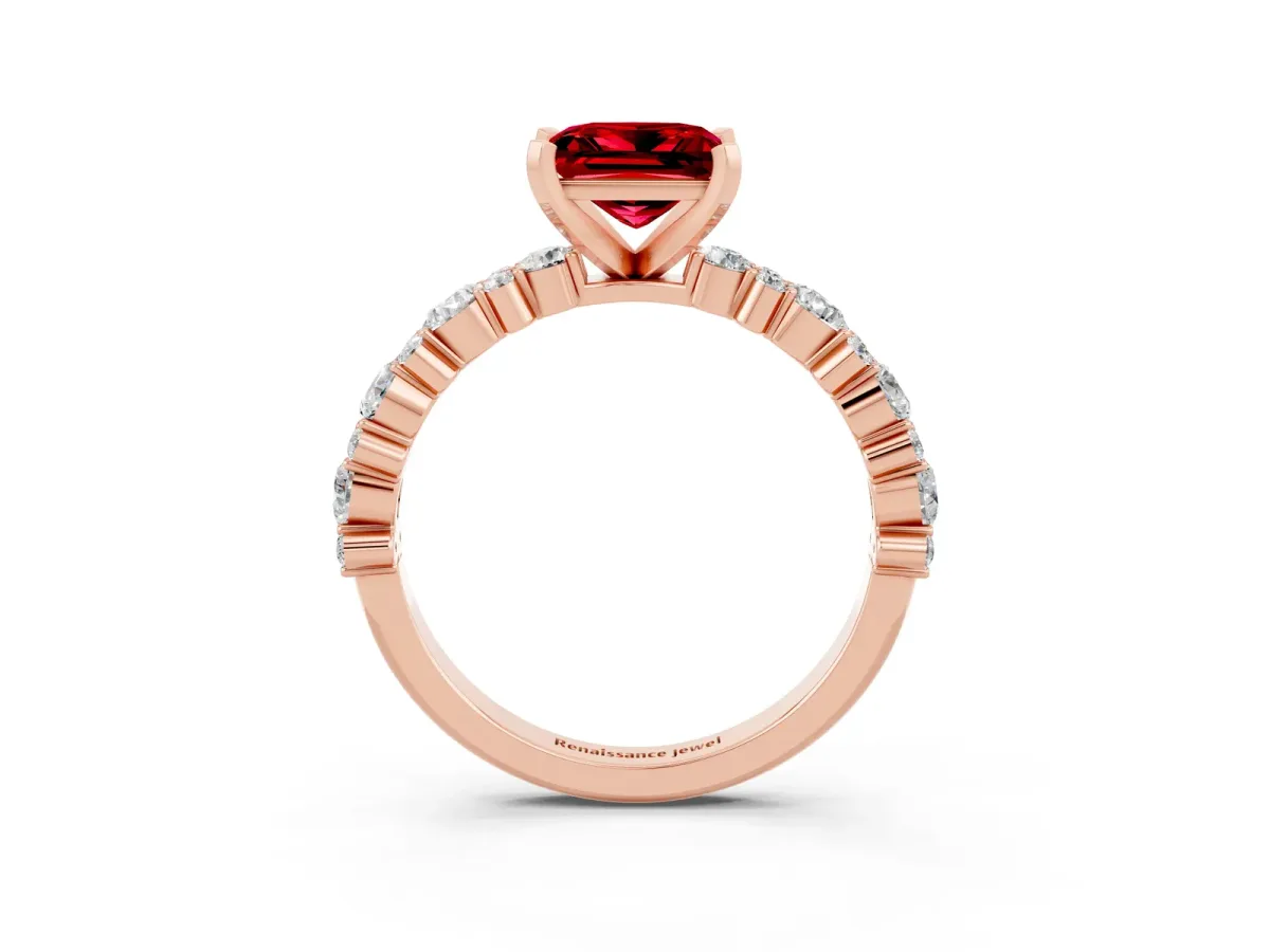 Princess Cut Ruby Side Stone Solitaire Ring with Round and Four-Prong Setting Rose gold