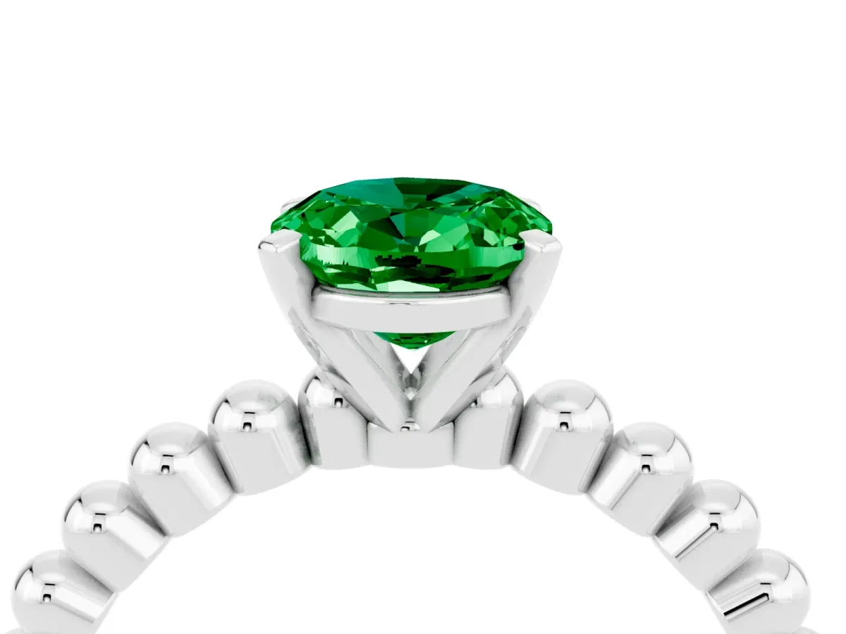 Oval Cut Emerald Solitaire Ring with Beaded Band and Prong Setting Silver