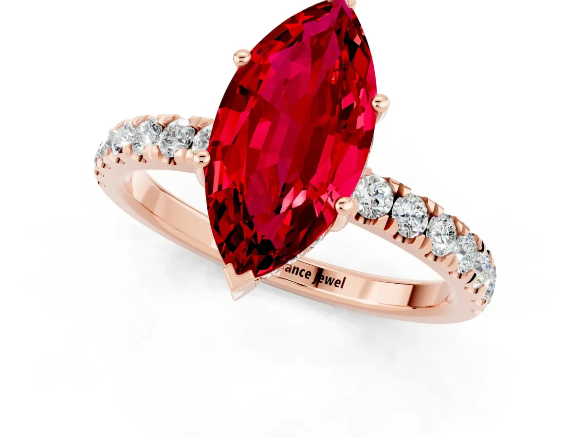 Marquise Cut Ruby Pave Band Solitaire Ring with Round and Prong Setting Rose gold