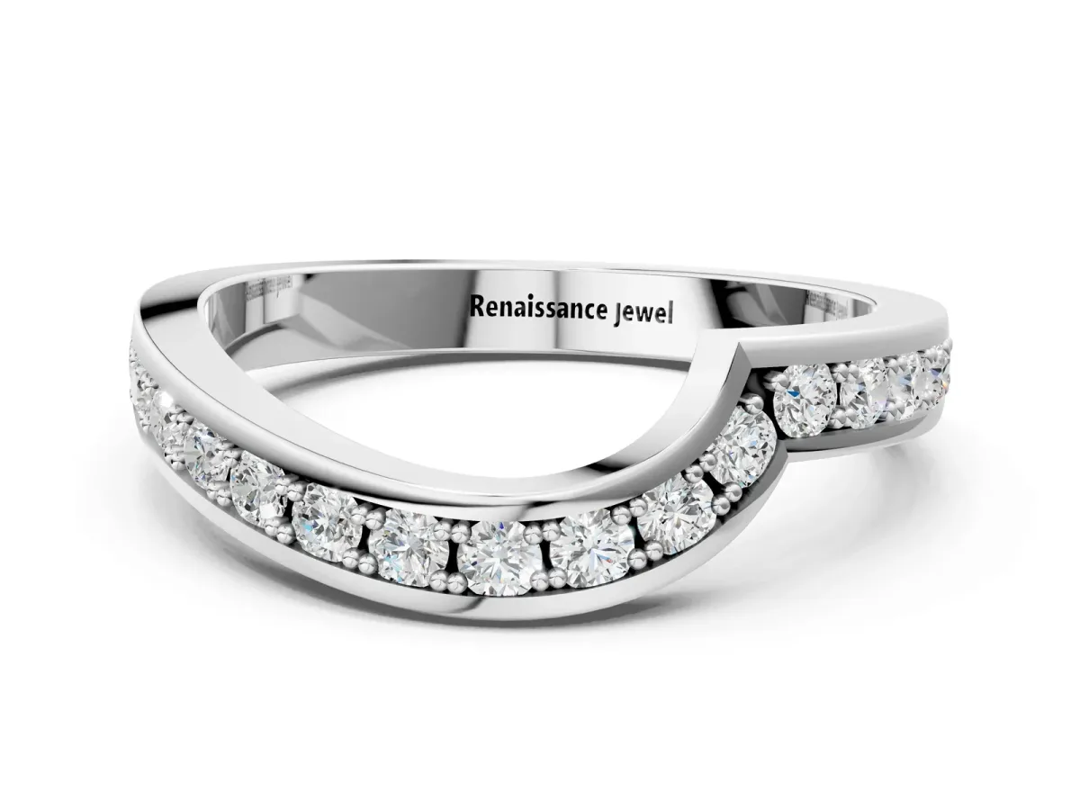 Pavé Round Diamond Curved Wedding Band with Channel Setting Platinum