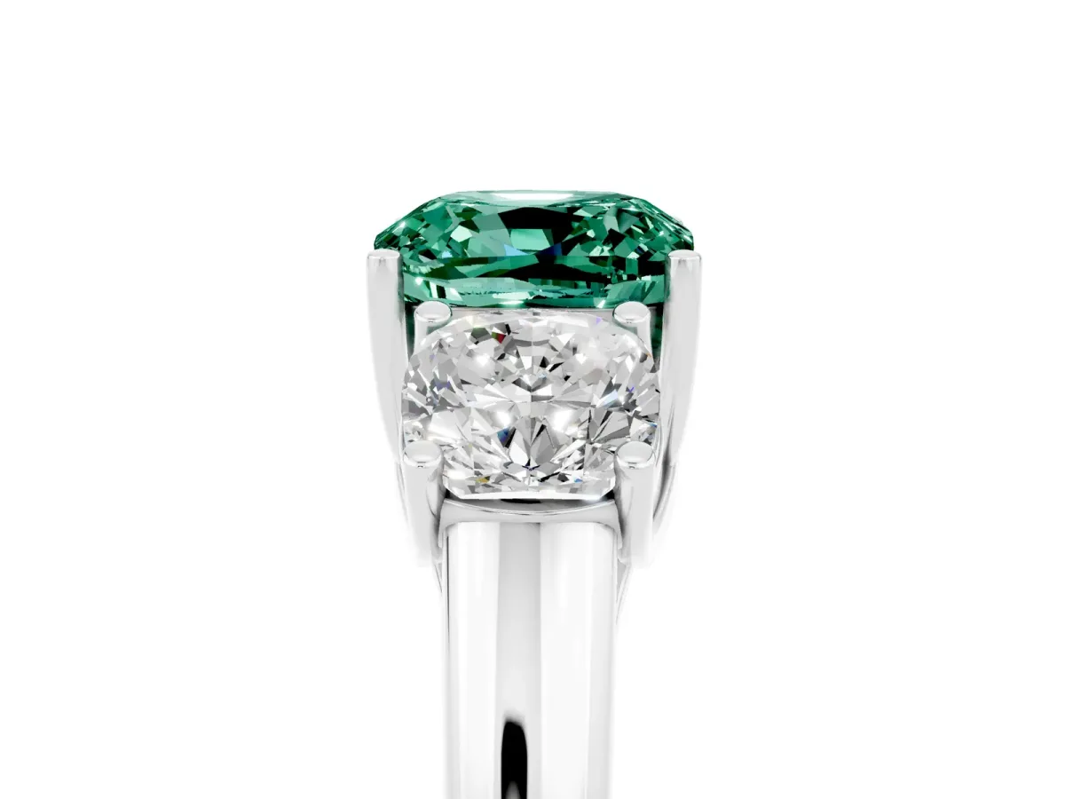 Three-Stone Cushion Cut Green Sapphire Engagement Ring with Prong Setting White gold