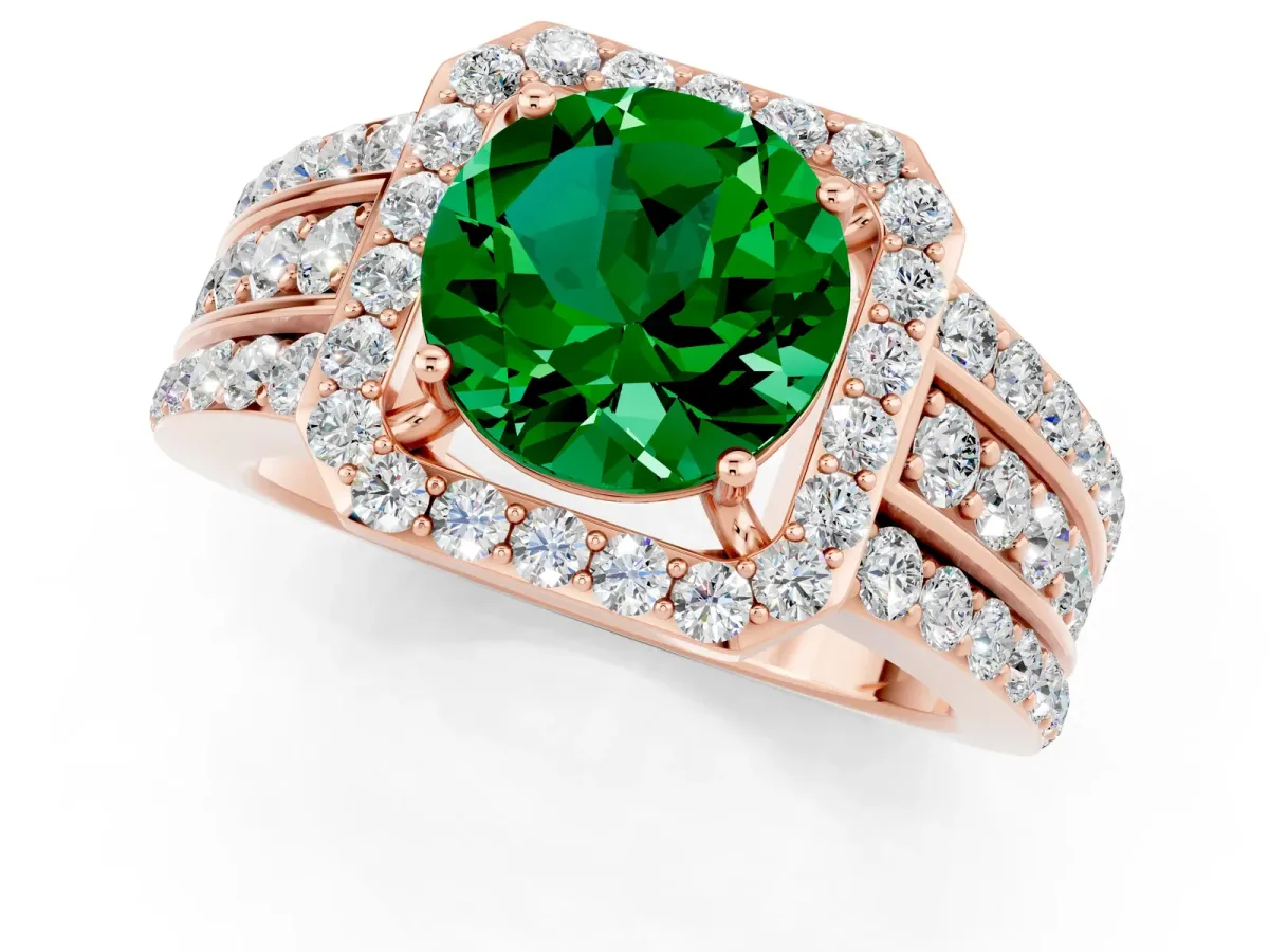 Round Cut Halo Emerald Ring with Round Split Shank and Prong Setting Rose gold