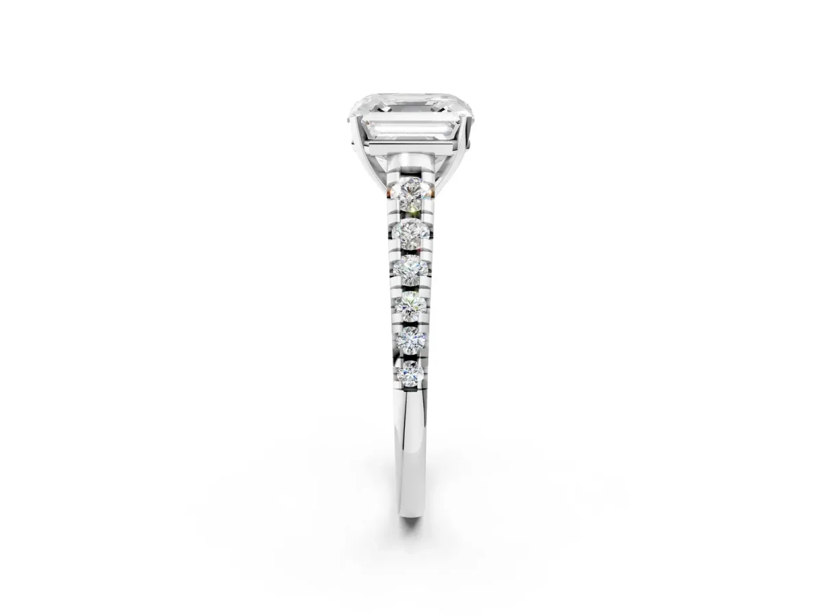 Asscher Cut Diamond Cathedral Solitaire Ring with Round Pavé Band Silver