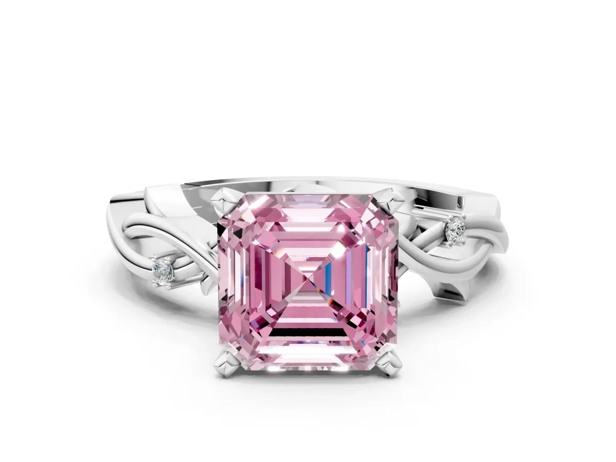 Fancy Pink Asscher Cut Diamond Solitaire Ring with Twisted Band and Prong Setting Platinum