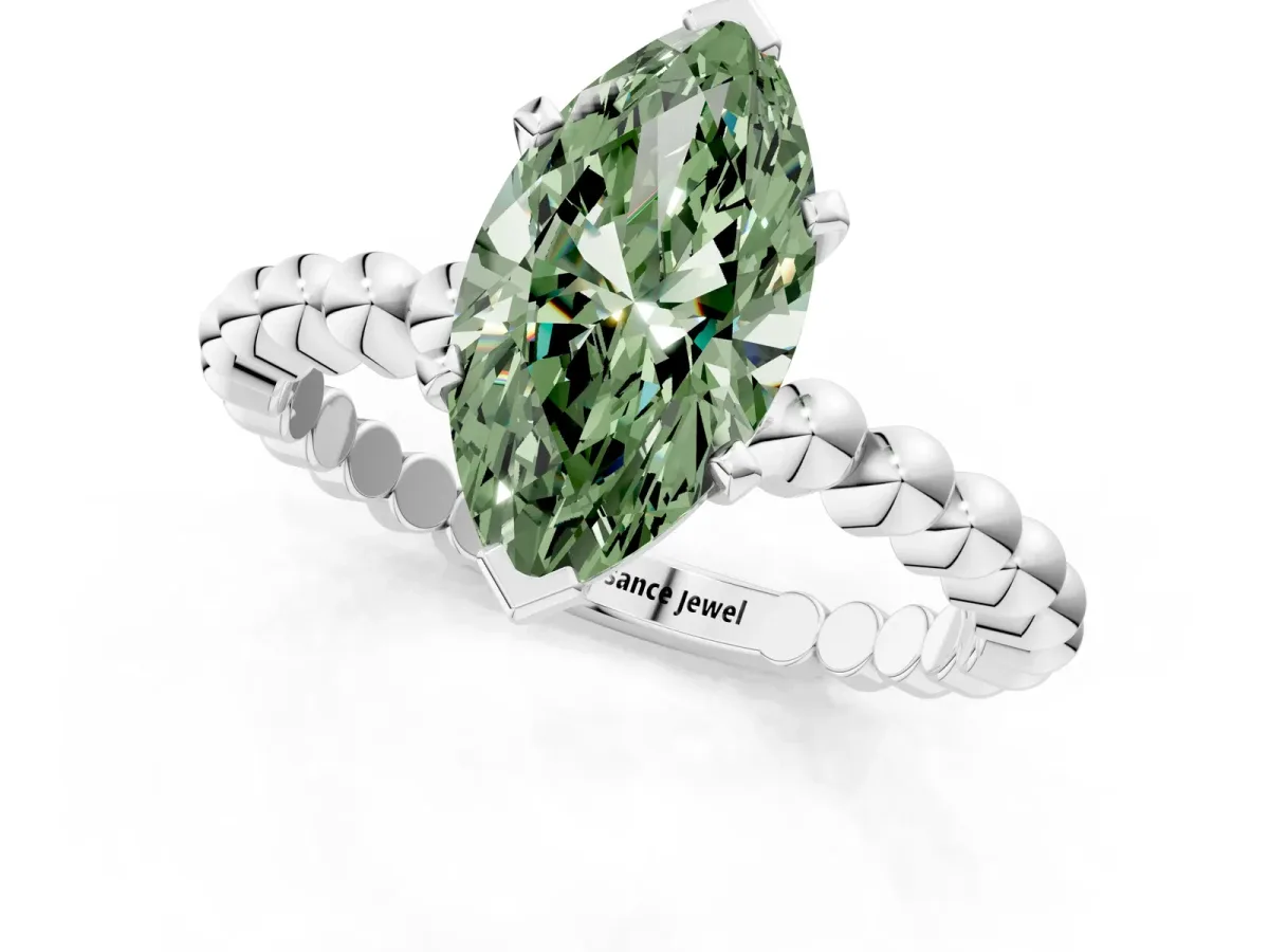 Fancy Green Marquise Cut Diamond Solitaire Ring with Beaded Band and Prong Setting Silver