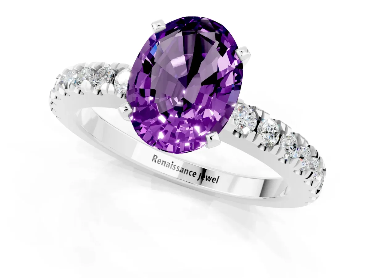 Oval Cut Solitaire Amethyst with Pavé Band and Four-Prong Setting Platinum