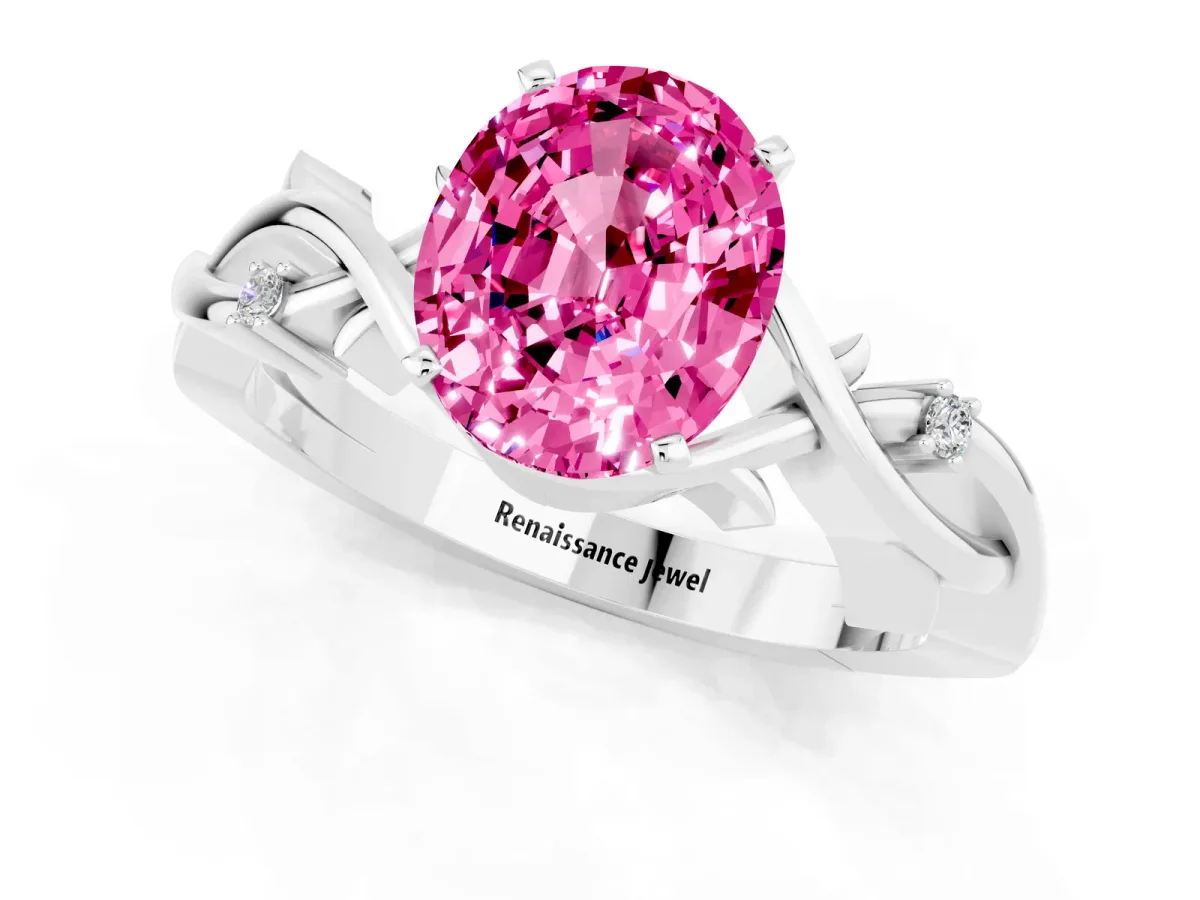 Oval Cut Pink Sapphire Solitaire Ring with Twisted Band and Prong Setting Platinum