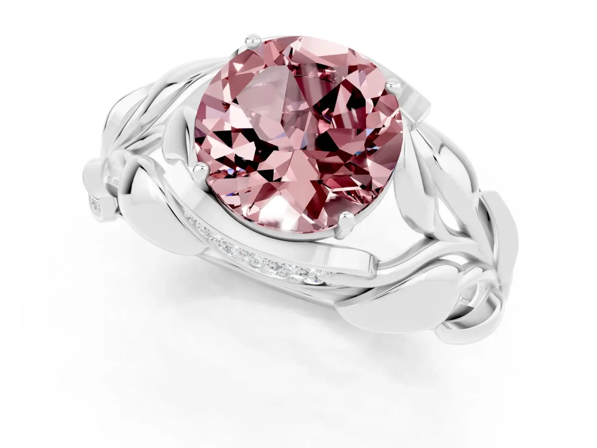 Round Cut Morganite Leaf-Inspired Engagement Ring with Round Accents and Prong Setting Silver
