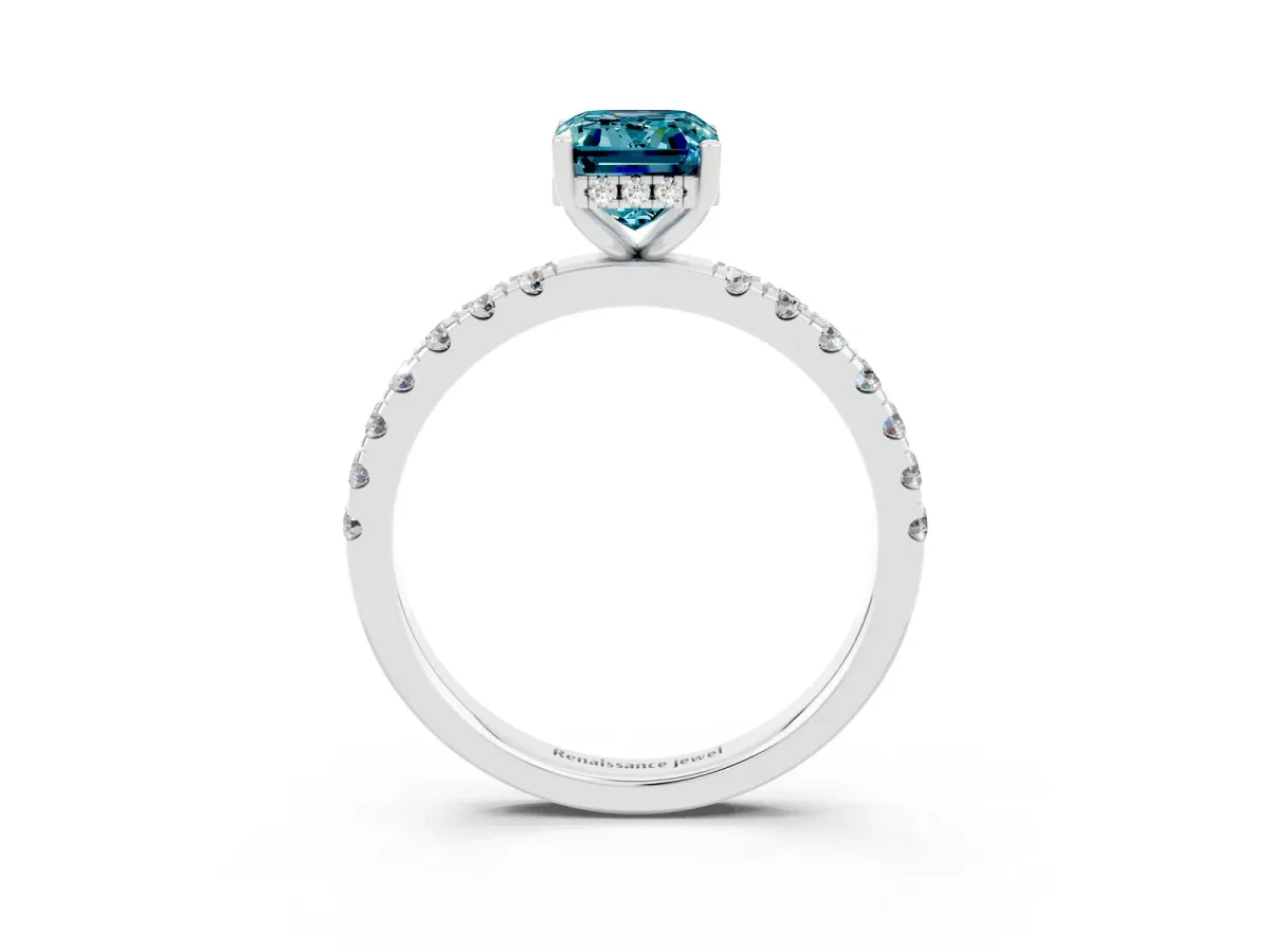 Emerald Cut Blue Topaz Pave Band Solitaire Ring with Round and Prong Setting Platinum